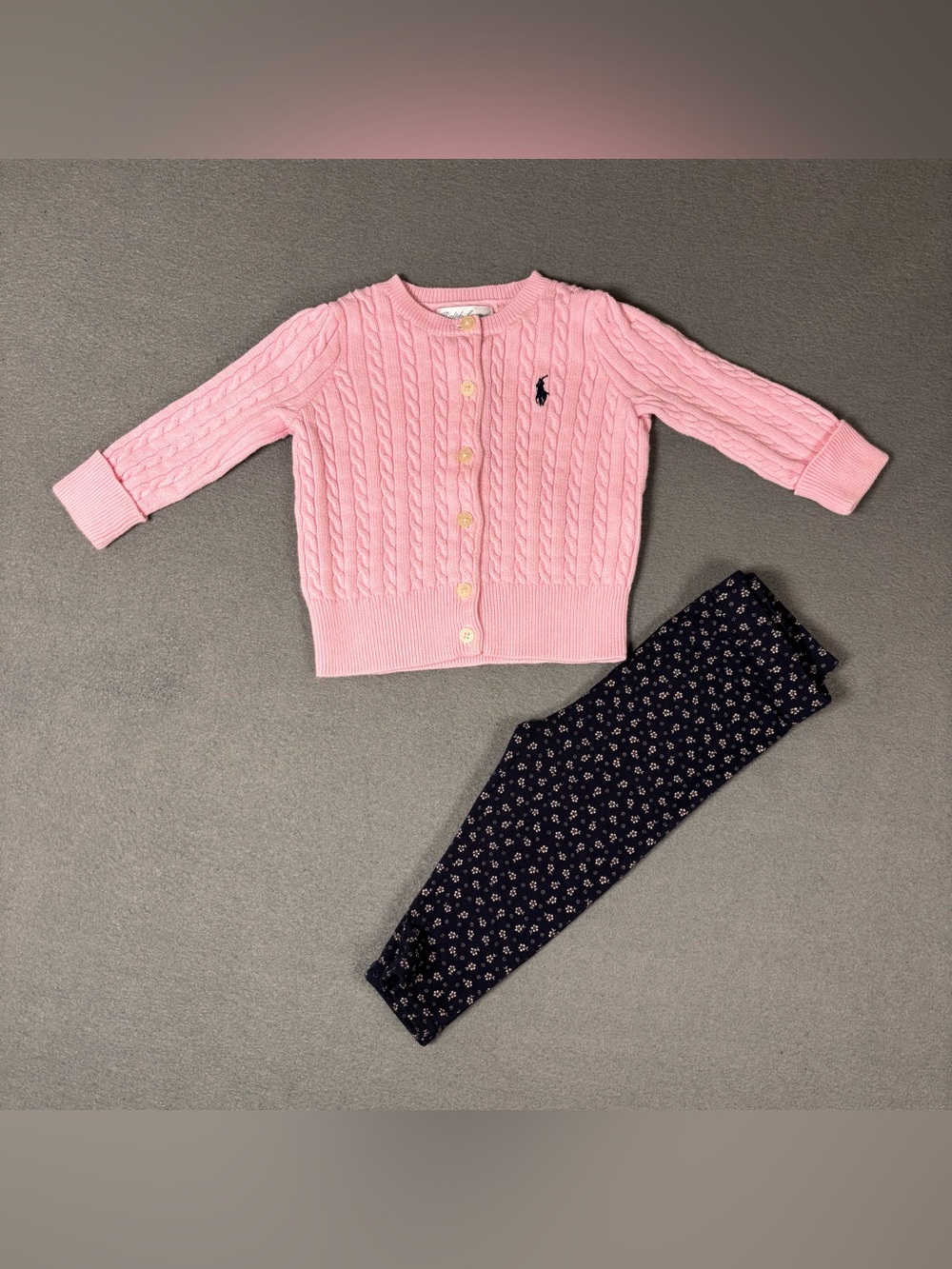 Ralph Lauren baby girl set pink cable knit with navy floral leggings size 9M